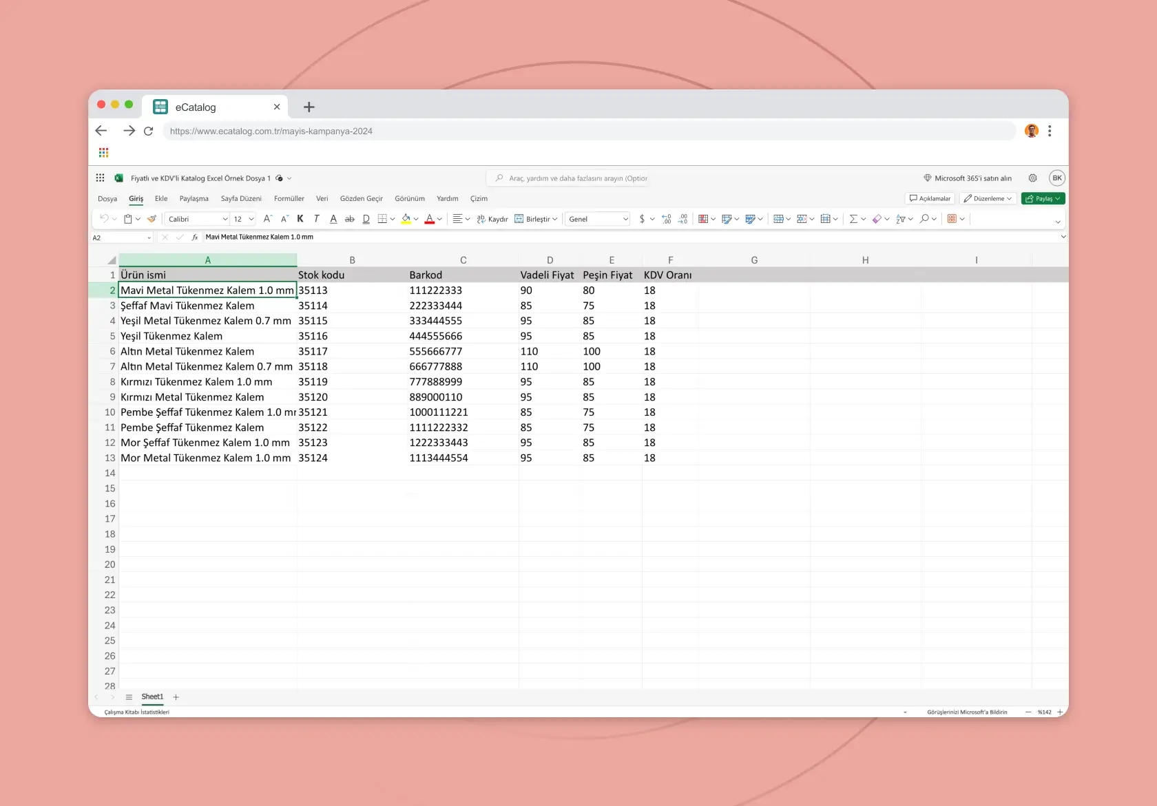Excel katalog örneği